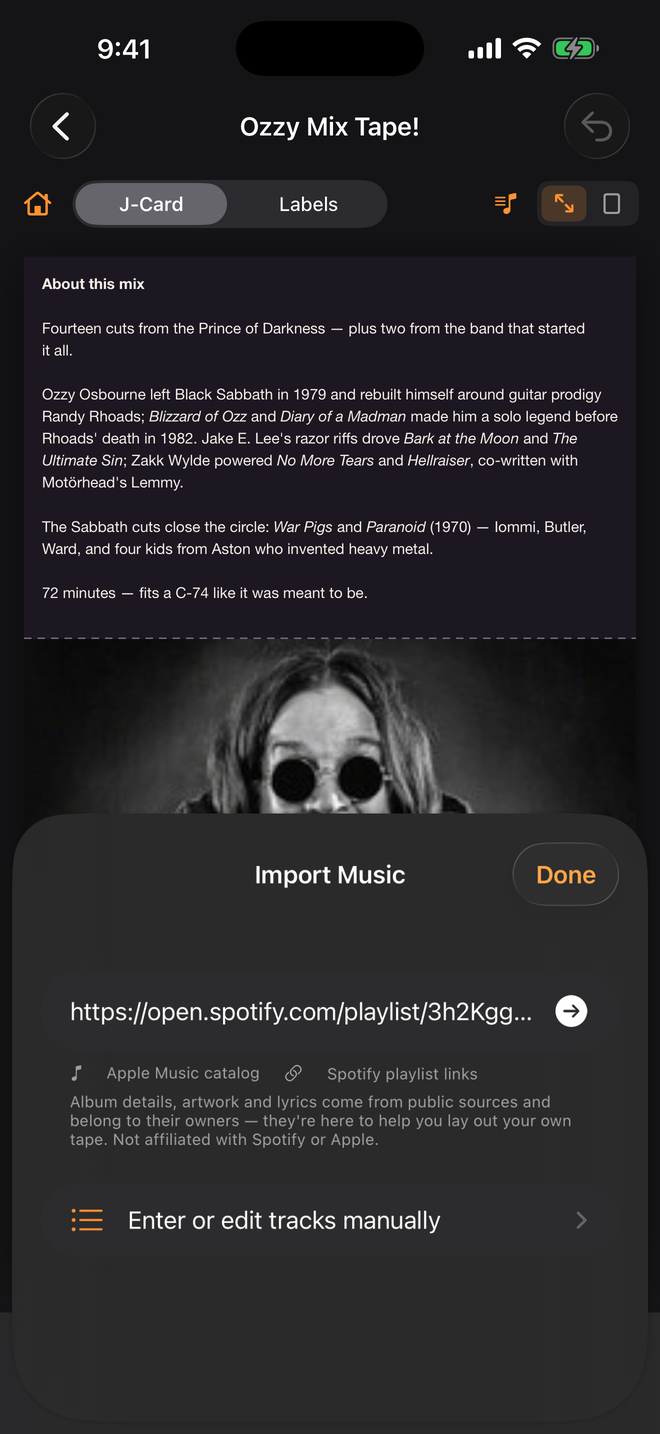 Import Music panel with a Spotify playlist link pasted into the search field