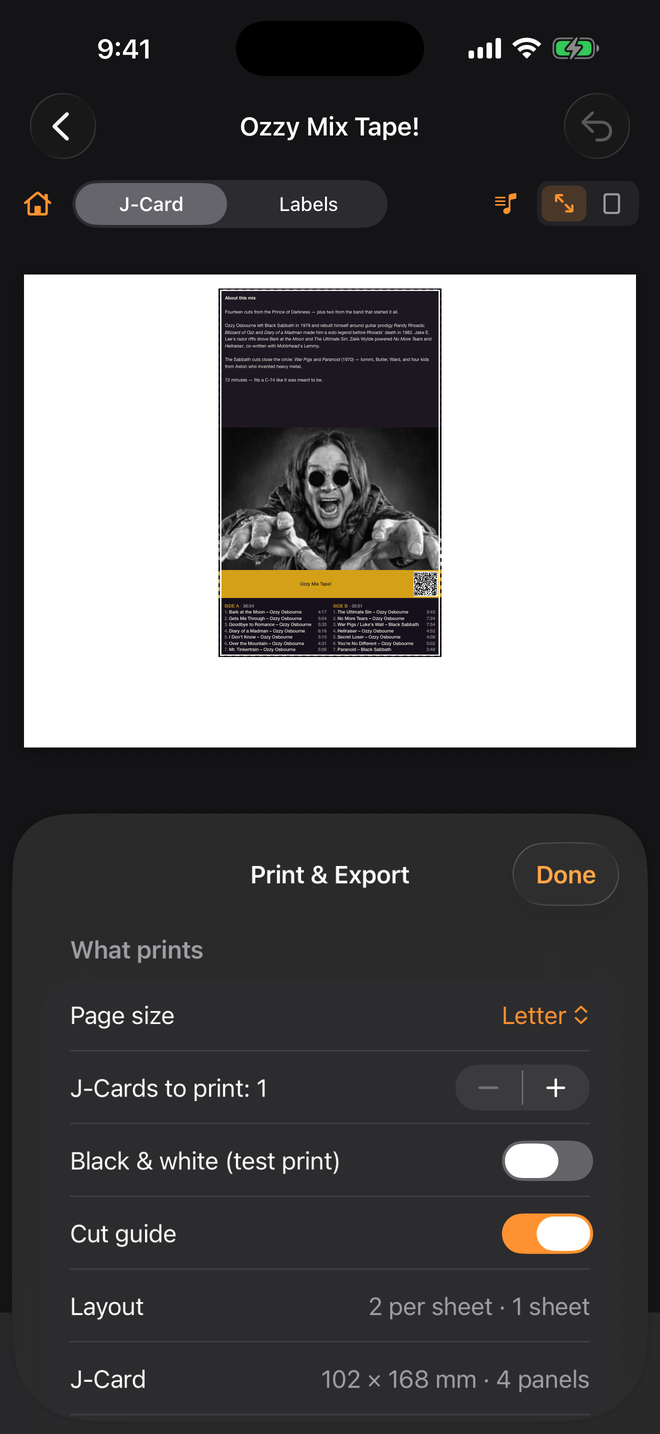 Print and Export panel showing a live exact-scale page preview with a cut guide