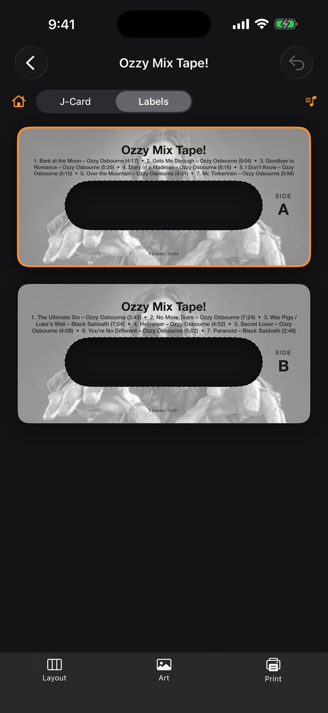 Side A and Side B cassette shell labels generated from the same design